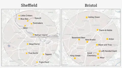 Open Street Map/BBC analysis of Camra data Side-by-side maps of Sheffield and Bristol showing the ten breweries within a ten mile radius of each other. 