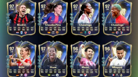 EA Two rows of four Ultimate Team cards featuring a selection of male and female superstar players including Lionel Messi, Kylian Mbappé, Claudia Pina and Bunny Shaw. Each player's photo is displayed on a shield above their name and six numbered statistics representing key attributes.