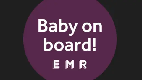 Handout A purple, circular badge with the words Baby on Board EMR.