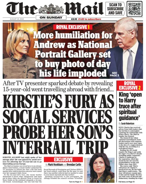 Several exclusives splash The Mail in Sunday, which claims the National Portrait Gallery intend to buy a photo of Prince Andrew taken on the day of his infamous interview with Emily Maitlis. The TV presenter Kirstie Allsopp has spoken to the paper about a social worker contacting her with concerns about Allsopp's 15-year-old son travelling abroad with a friend. 