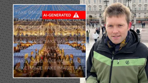 BBC London's Harry Low stands next to a fake AI-generated image of a sprawling Christmas market outside Buckingham palace