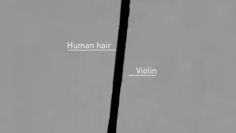 Loughborough University A black line demonstrating a human hair, with a small white speck showing the size of the violin