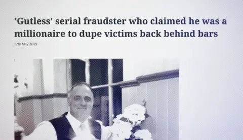 Screenshot of a newspaper headline which reads "Gutless serial fraudster who claimed he was a millionaire to dupe victims back behind bars". It sits above an image of Ray McDonald, a man in his fifties with a receding hairline, wearing a waistcoat and tie and posing beside a floral display.