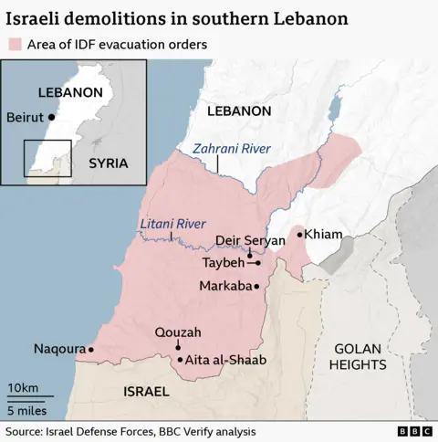 An annotated map showing the locations of seven villages and towns in southern Lebanon where Israeli demolitions took place. It also shows a red area which represent the locations of the IDF evacuation notices.