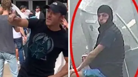 Humberside Police From left to right; a man wearing a black cap and black T-shirt with image on the front, a man in a black balaclava wearing a padded black jacket.