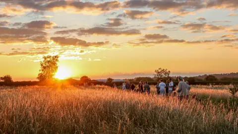 Phil Maclean The sun is rising over a wheat field. There are people looking at the sun. The photo is full of a golden light.