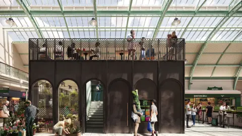 FaulknerBrowns Architects + Pillar Visuals A CGI image of how Grainger Market would look after the renovation. There is a flower and a food stall. People are walking around and having food and drinks. 