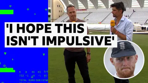 Michael Vaughan and Alistair Cook holding BBC Sport microphones as they discuss Ben Stokes' retirement.