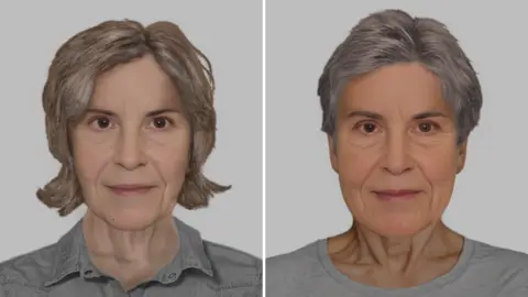Met Police Two e-fit images side by side of a woman in her 60s. One has a short bob and the other has a closely cropped haircut. 