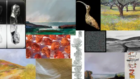 A small collage of 12 pieces on display. The works featured in the collage are photographs, sculptures, paintings and sketches. They cover wildlife, landscapes and portraits. 