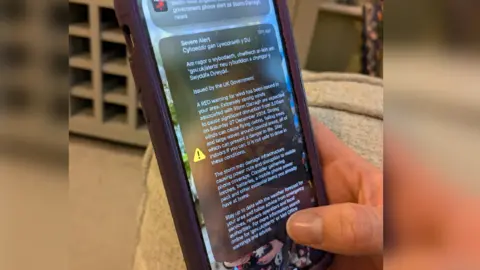 An image of a phone in a hand. On the screen is a message for the red weather warning.