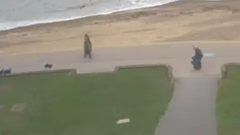 Suffolk Police Grainy CCTV showing the moment Andrew Wickenden rides his electric unicycle on the Felixstowe Promenade just before he struck the toddler