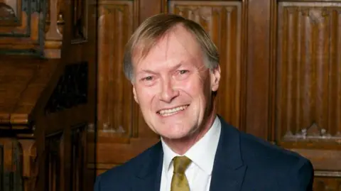 A head and shoulders image of Sir David Amess. He is wearing a navy suit jacket over a white shirt with a mustard tie. He is smiling and looking into the camera.