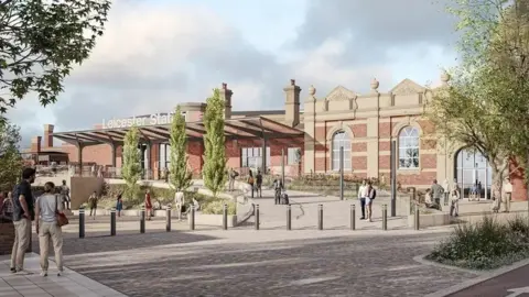 Leicester City Council An artist's impression of the station once redeveloped, with a sweeping pedestrianised entrance to the brick building, with a number of new trees.