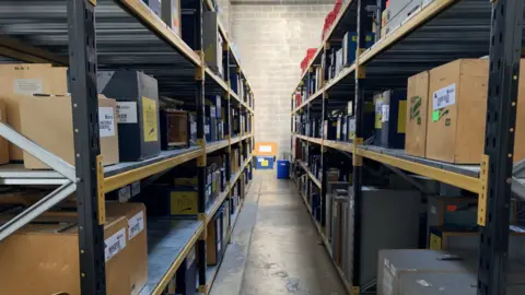 Shelves in a warehouse covered in boxes