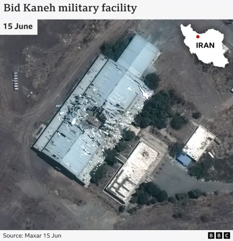 Satellite image of Bid Kaneh military facility in Iran showing damage to the roof of a large building.