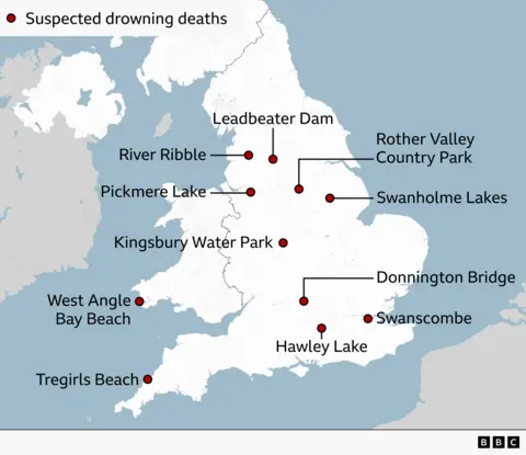Map showing the locations where people have drowned in the water during the heatwave.