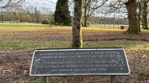 A plaque that reads Llanwrtyd Wells, the smallest town in the land, remains the greatest in our heart beneath a tree 