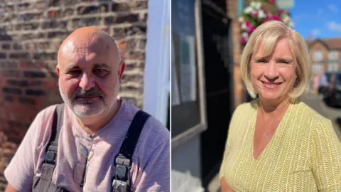 Suzy Lawson/BBC A shaven-headed Tony Evans with short beard, with his glasses tucked into the collar of his purple top, alongside an image of Angela Jennison who has a short blonde bob hair style and is wearing a yellow and white patterned top