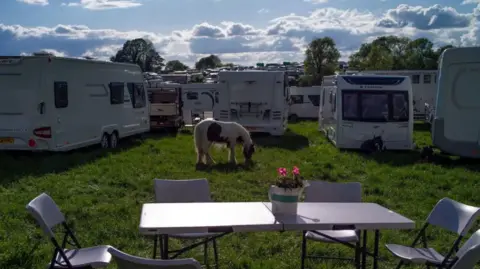 Getty Images A horse is eating grass in front of caravans and a black table and chairs with pink flowers in a pot.