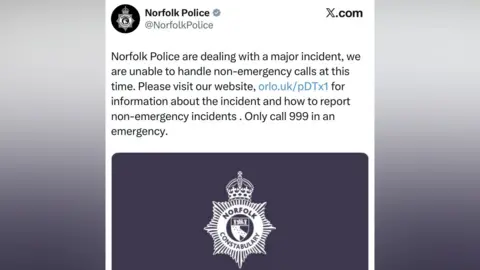 X The Norfolk Police post on X. It reads: "Norfolk Police are dealing with a major incident, we are unable to handle non-emergency calls at this time. Please visit our website for information about the incident and how to report non-emergency incidents. Only call 999 in an emergency.