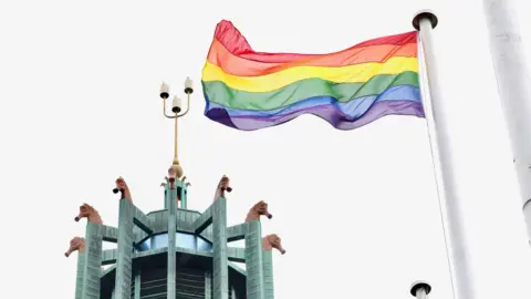 The rainbow-coloured Pride flag billows at the top of a pole outside Newcastle Civic Centre. The top of the copper roof of the building, decorated with seahorse heads, stands behind the flag.