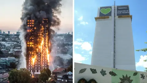 Side-by-side images of the Grenfell tower block. On the left the black shell of the tower is on fire, with black smoke rising above and a London cityscape in the background. On the right, it is covered by white sheets with a green love heart at the top, set against a blue sky. 