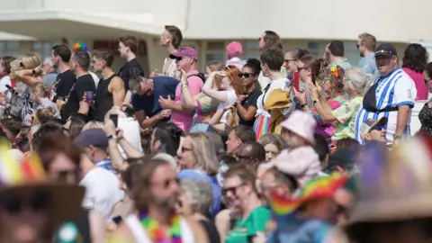 Eddie Mitchell Crowds of people watching the Brighton Pride parade