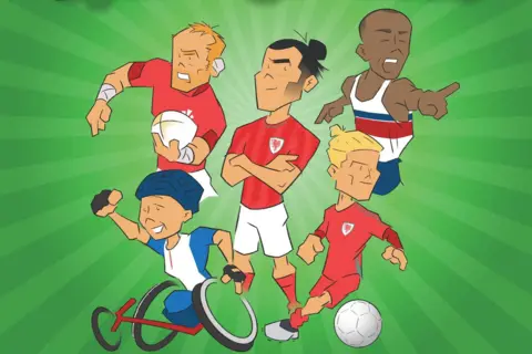 James Stafford / Telor Gwyn/ Y Lolfa Pictured side-by-side, James' book covers show caricatures of five of the featured athletes - Alun Wyn Jones, Tanni Grey-Thompson, Gareth Bale, Colin Jackson and Jess Fishlock 