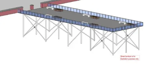 Mason Clark Associates/Hull City Council A design showing a rectangle pier with street furniture on. 