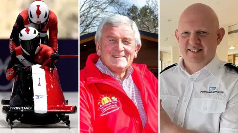A composite of three images. The first image shows two men in red, black and white body suits climbing into a red, black and white bobsleigh. The cnetral image is of an eldel man in a red jacket. He has grey hair and is smiling. The image on the right shows a bald man in a white NHS shirt. It says Portering Services above he breast pocket.