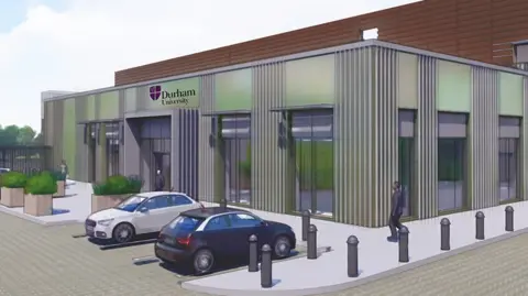 Durham University An artist's impression of the data centre shows cars parked in front of a single storey glass-fronted building with Durham University signage above the entrance.