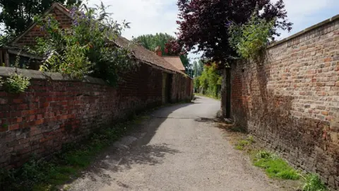 Ian S/Geograph An unpaved lane with red brick walls on both side, and vegetation hanging over the walls,