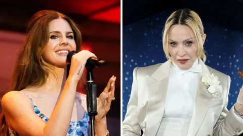 Split screen: Lana Del Ray smiling into a mic (left) and Madonna in a white suit (right)