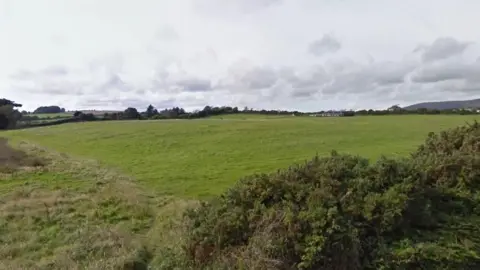 Large green field in Braddan edged by hedgerows. The sky above is pale in colour with fluffy clouds.