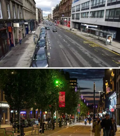 Glasgow City Council Before and after views of a redeveloped city street. In the before picture the pavements are all cracked and there are a number of cars parked there. In the second image there are cycle lines, wider pavements and more greenery.