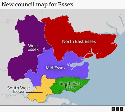A map of Essex blocked out in five bold colours named West Essex, North East Essex, Mid Essex, South West Essex and South East Essex that represent the new five council areas being established in Essex.