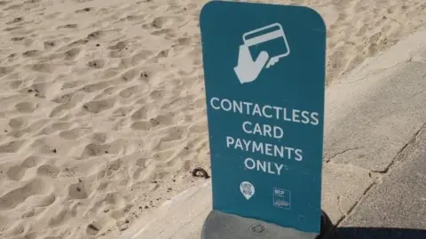 Martin Quinn A free-standing sign on the edge of a sandy beach that reads - contactless card payments only