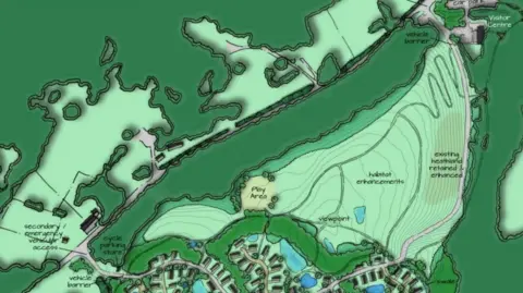 Report to Cannock Chase District Council committee An aerial view showing a proposed layout, with a visitor centre and car park in the top right of the image. 