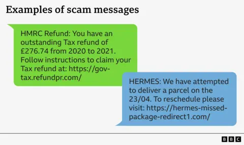 //gov-tax.refundpr.com
The second one reads: HERMES: We have attempted to deliver a parcel on the 23/04. To reschedule please visit: https://hermes-missed-package-redirect1.com/
