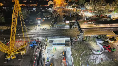 An aerial evening shot of work on the Botley Road.
