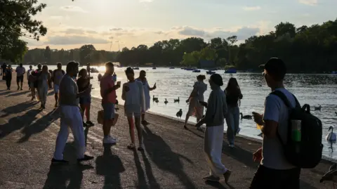 A crowd walks along the Serpentine in the evening light. It is sunny and lots of ducks, swans and pedalos are in the water.
