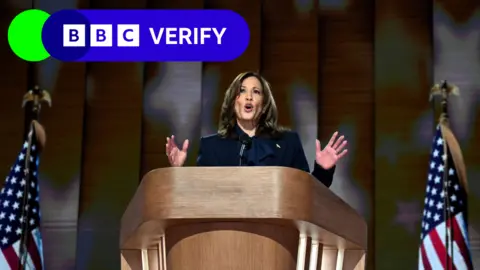 BBC News Kamala Harris speaking at the Democratic National Convention in Chicago.