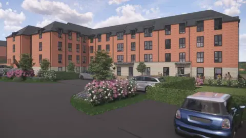 Nightingale Land A CGI image of a four storey, red brick, block of flats with bushes, grass and parked cars in front