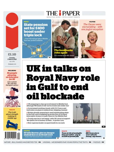 "UK in talks on Royal Navy role in Gulf to end oil blockade" reads the headline on the front page of the i Paper.