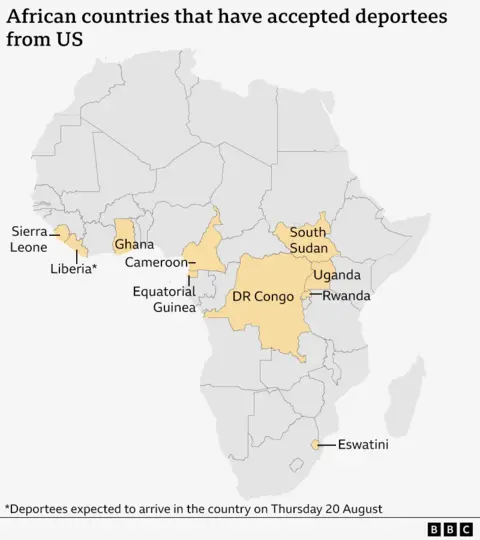 A map of Africa showing the countries on the continent that have accepted deportees from the US