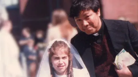 Alexa MacPherson (left) was sexually abused from the age of three by Priest Peter Kanchong (right)
