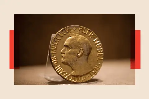 BBC / Matt Goddard Nobel peace prize medal at ICRC headquarters