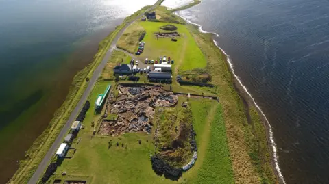 An aerial view of the Ness of Brodgar excavation site