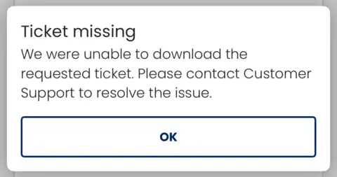 Popup error message stating: “Ticket missing. We were unable to download the requested ticket. Please contact Customer Support to resolve the issue.” The dialog contains a large OK button below the message.